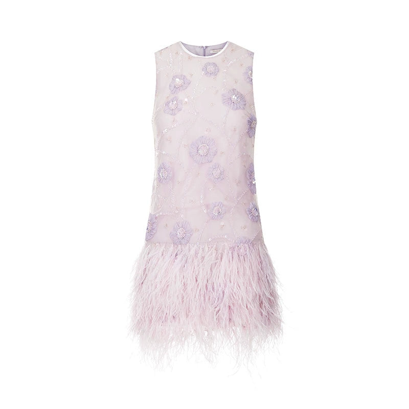 Wardrobes by Chen Purple Round Neck Sleeveless Dinner Feather Dress-Xera