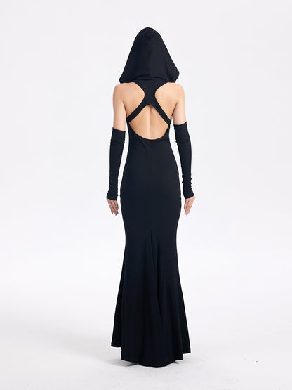 TINY IN sexy hooded backless two-tone fishtail women's dress -ROT