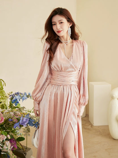 DOLLY Elegant Peach V-Neck Long Puff Sleeve High Waist Long Flowing Guest Dress-BESTY