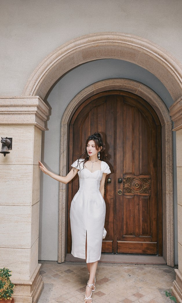 DOLLY Luxury French Style Square Collar Short Puff Sleeves Flower Bud Midi Dress-SARAH