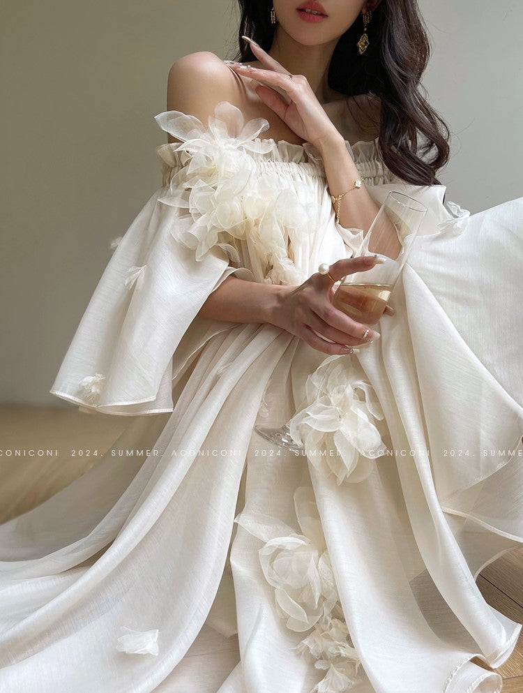 Aconiconi Luxury Off-Shoulder Flower Short Sleeve bridal baby doll Dress - Magnolia Lotus Fragrance