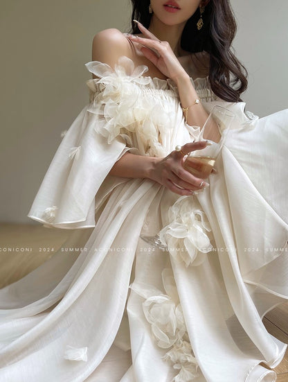 Aconiconi Luxury Off-Shoulder Flower Short Sleeve bridal baby doll Dress - Magnolia Lotus Fragrance