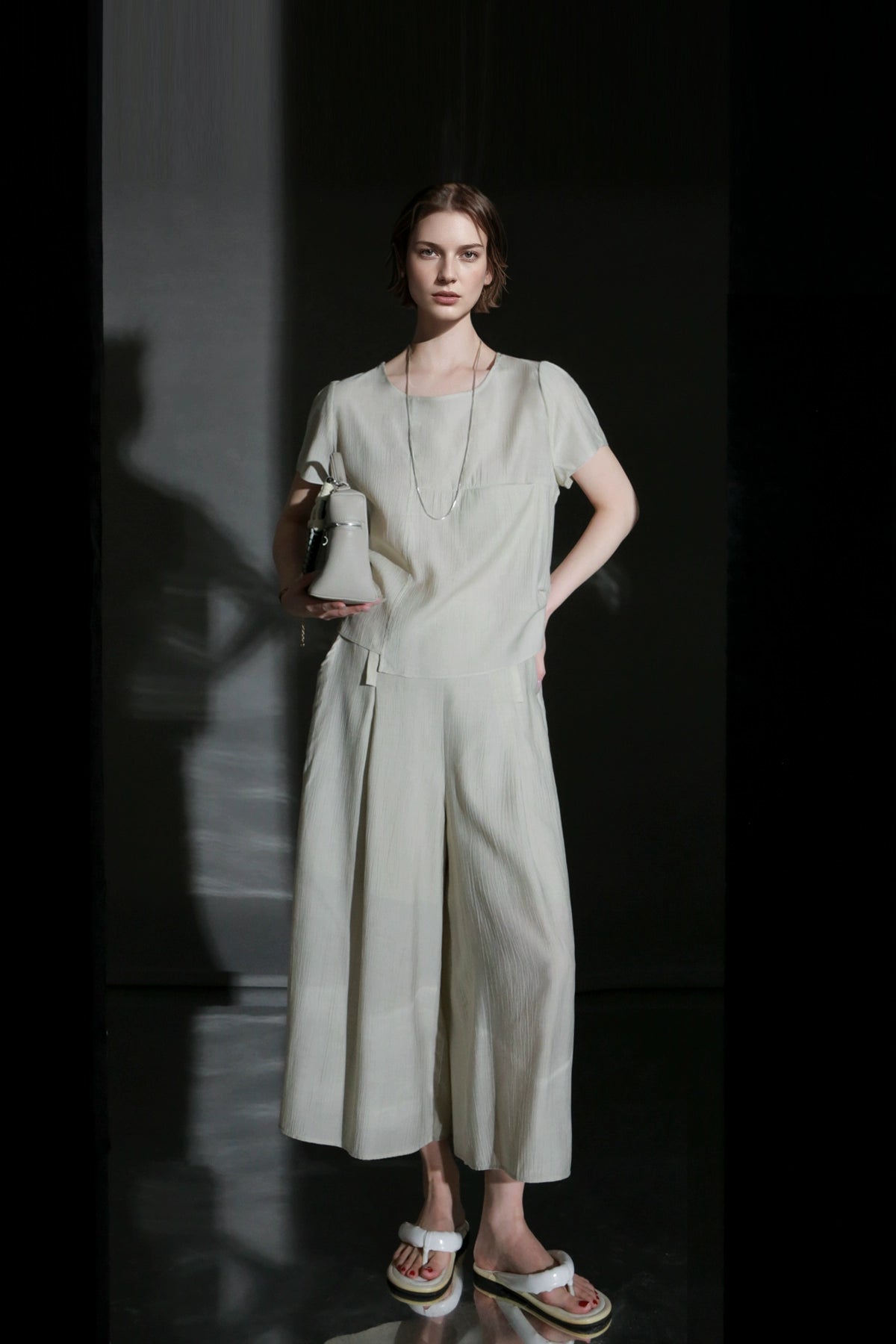 PIAOIN textured linen silk loose wide-leg cropped pants set summer-GISELLE.