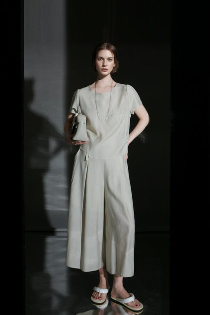 PIAOIN textured linen silk loose wide-leg cropped pants set summer-GISELLE.
