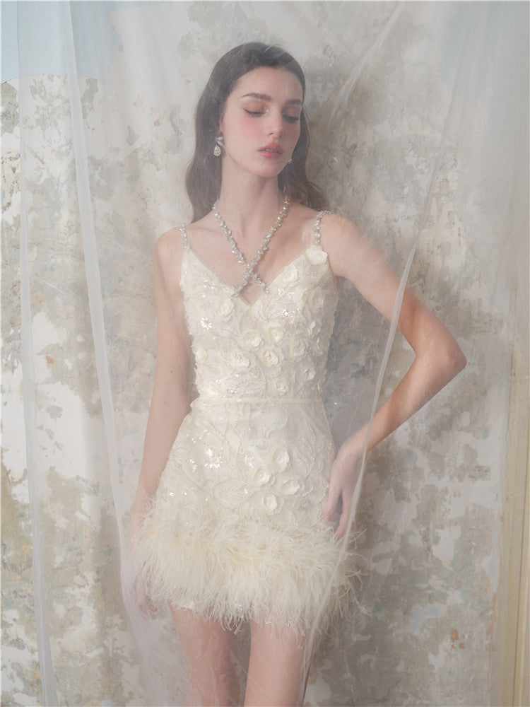 Wardrobes by Chen Luxury V-Neck Sleeveless Floral Feather Short bridal Dress-Shife