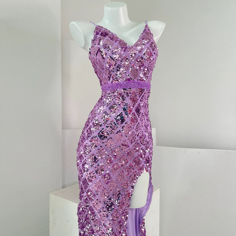 DOLLY High End Sleeveless V-Neck Sequin Long Slim Fit Slit Banquet Dress-ERICA