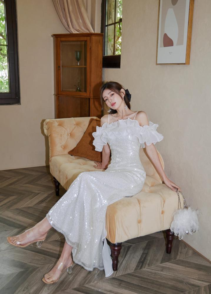 DOLLY Elegant White Off Shoulder Sequin Ruffled Tube Top Banquet Dress-ALICIA