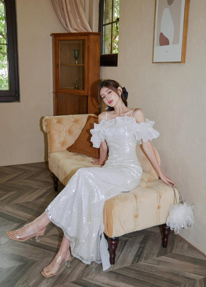 DOLLY Elegant White Off Shoulder Sequin Ruffled Tube Top Banquet Dress-ALICIA