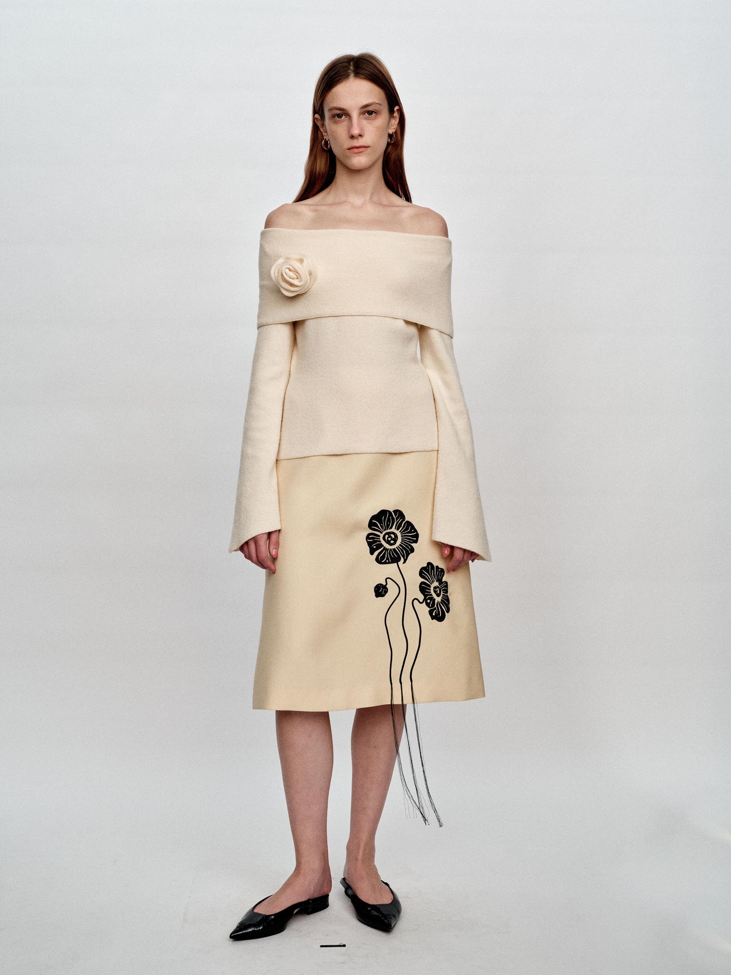SERRER Flower embroidery nail beads pale yellow fringed umbrella skirt - FUNMI.