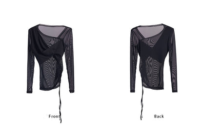 TINY IN black long sleeve slanted shoulder mesh sheer top-DORI