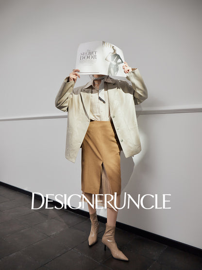 DGU "Light Twilight" Beige Gray Haining Genuine Leather Jacket - Billie.