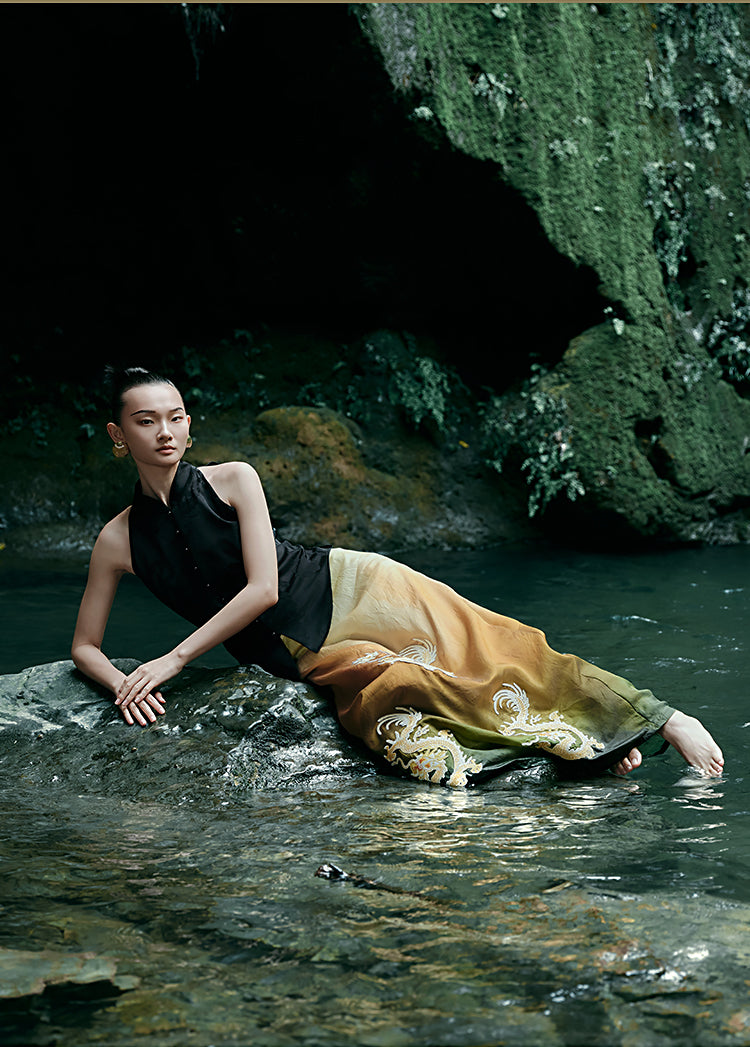 HECO Chinese blended gradient golden dragon embroidered straight skirt - RELY.