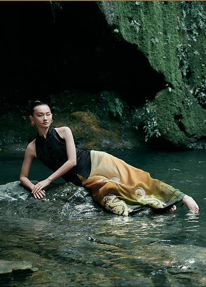 HECO Chinese blended gradient golden dragon embroidered straight skirt - RELY.