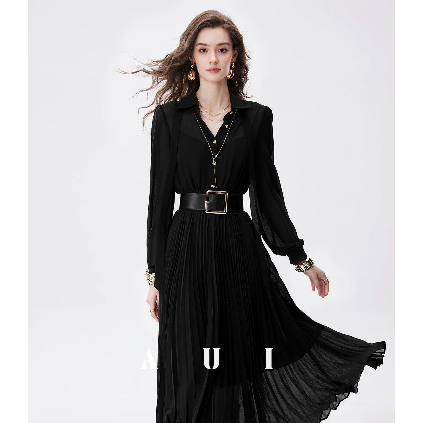 AUI Black Professional Temperament Chiffon Shirt Puff Sleeve Slim Polo Dress - Ha-rin.