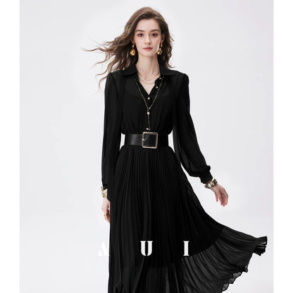 AUI Black Professional Temperament Chiffon Shirt Puff Sleeve Slim Polo Dress - Ha-rin.