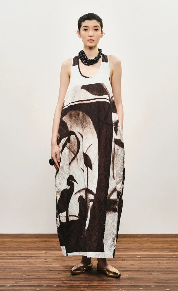 ZHUCHONGYUN flower manuscript sleeveless oriental cocoon dress-STORK.