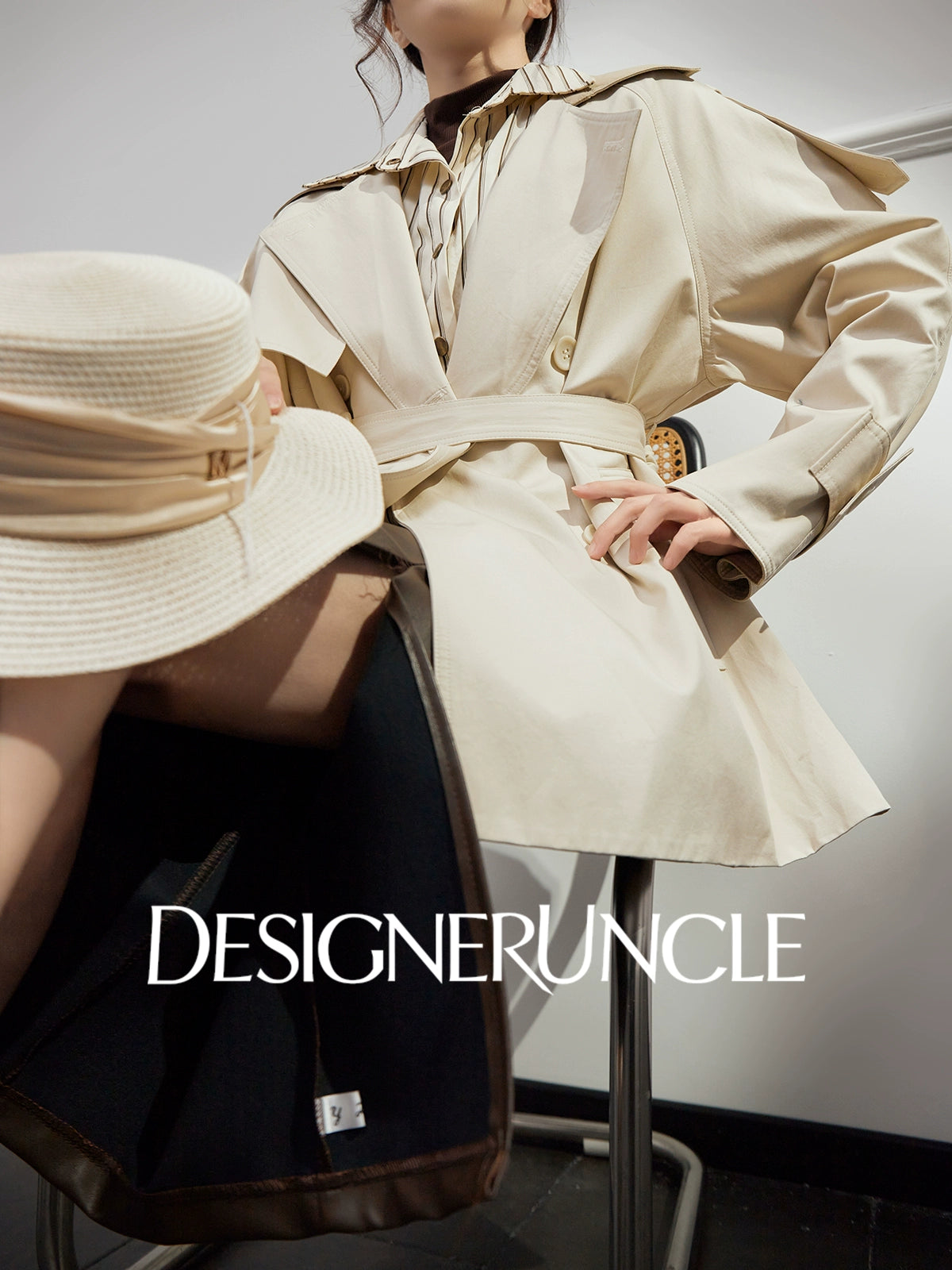 DGU "Curtain Walk" khaki long trench British style waist design jacket - Davina.