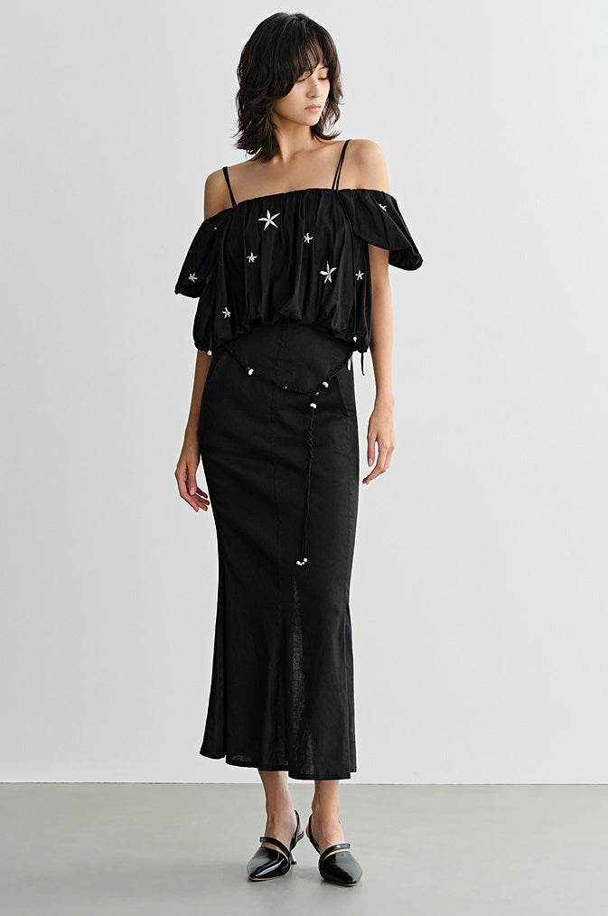 COMME MOI beaded embroidered suspender off-shoulder crop top - SUTTON.