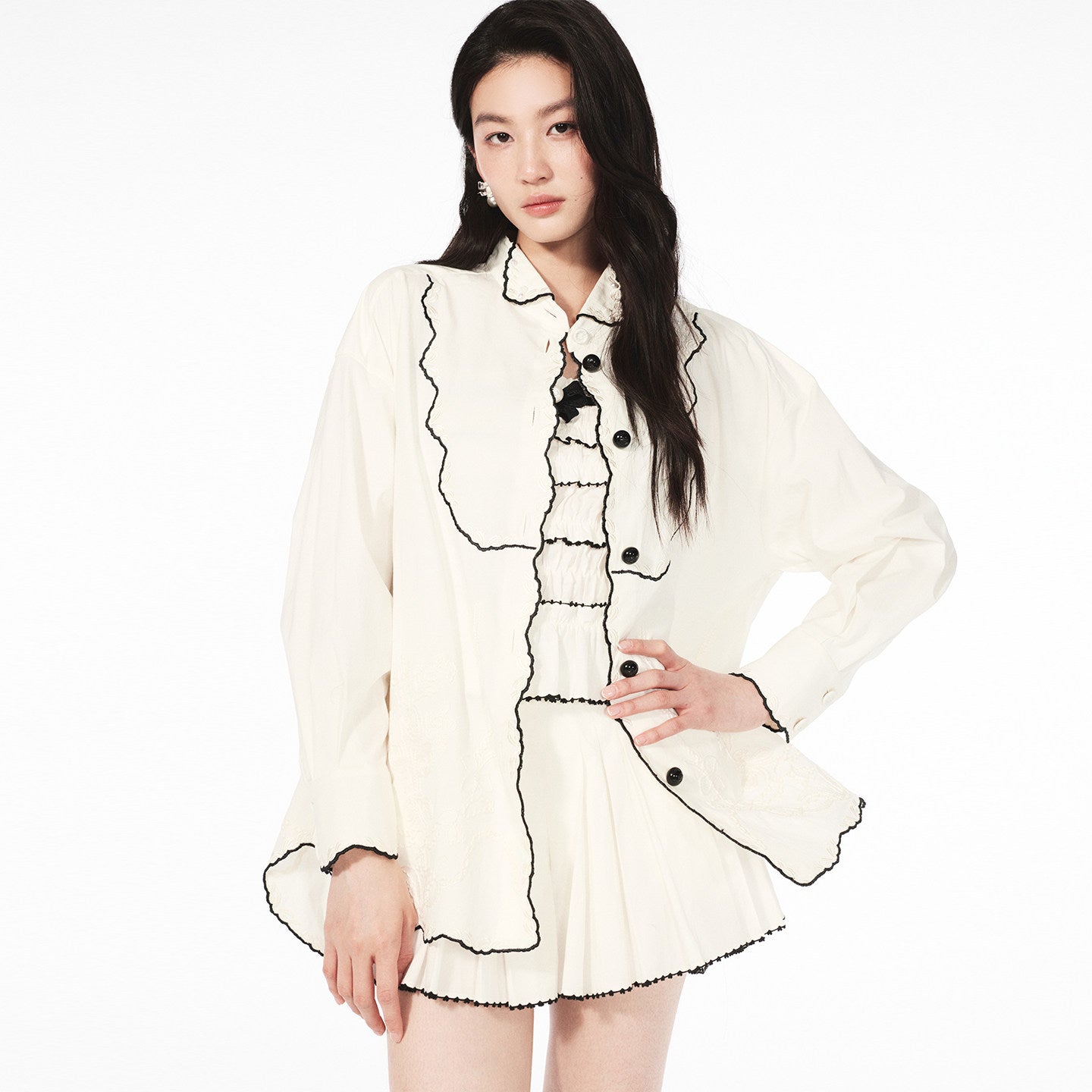 FAME White contrast embroidered shirt - PEYTON