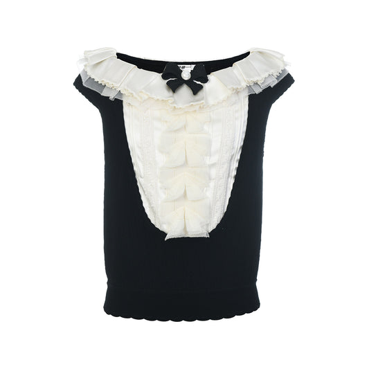 FAME ruffled collar patchwork knit top - AURORA