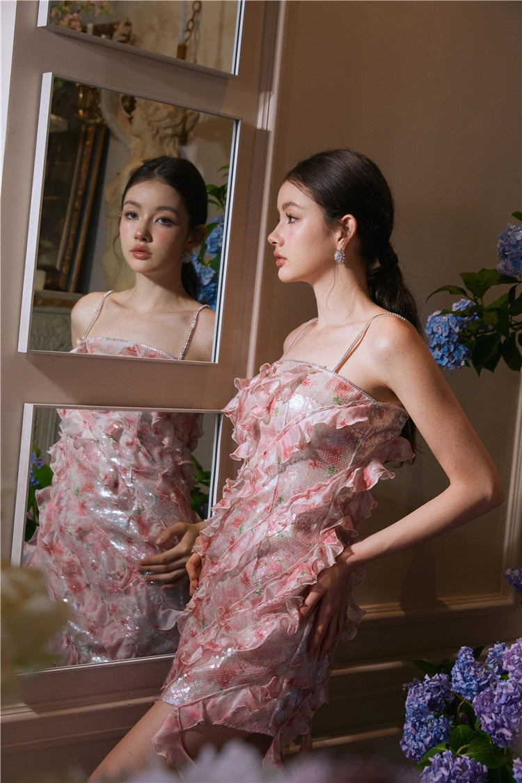 Wardrobes by Chen Luxury Crimson Sleeveless Flower Print Short Dress-Fuu