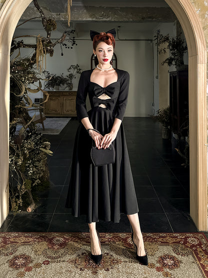 Le Palais Vintage Elegant Retro Long Sleeves Plain Mid Skirt Black  Long Cocktail Hem Dress-Aurora