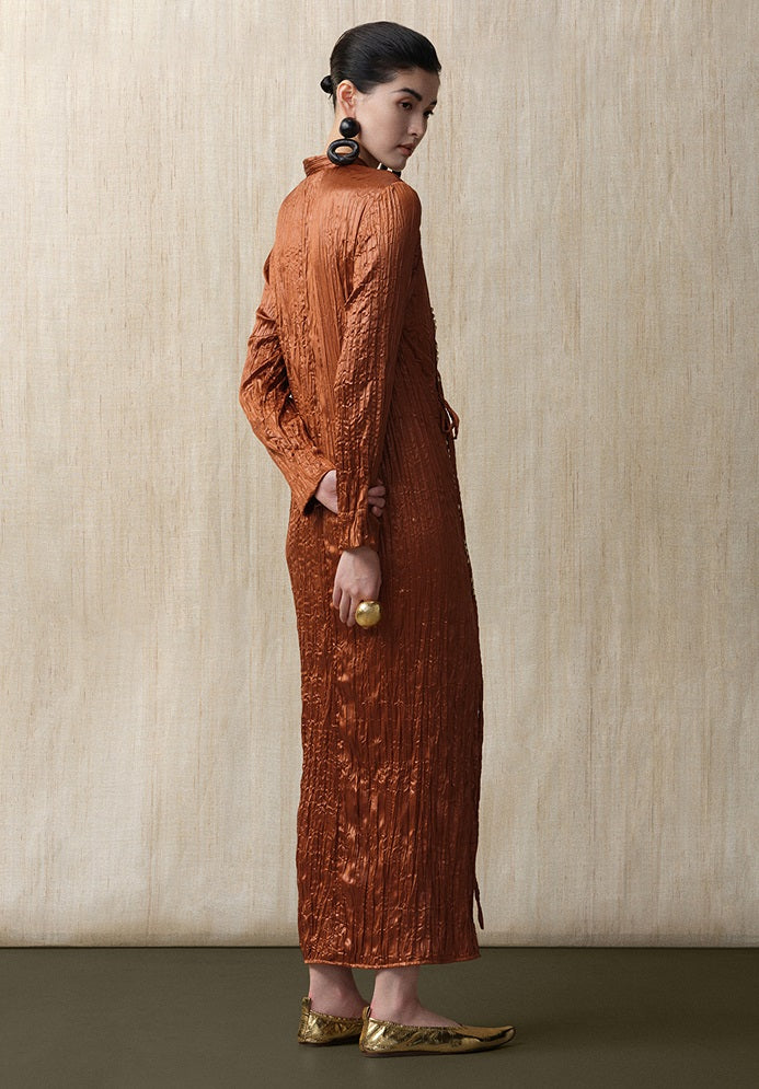 ZHUCHONGYUN Glossy Pleated Beaded Strap Straight Maxi Dress-YOKOZO.