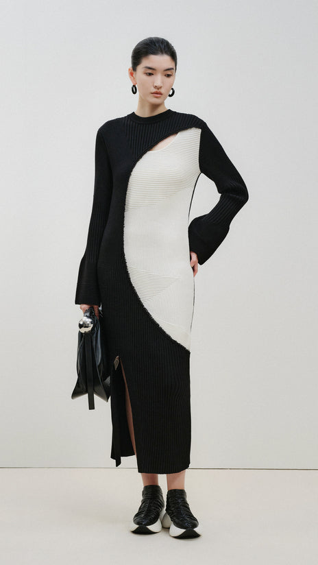 ZHUCHONGYUN Color Blocking Design Long Skirt Knitted Dress-STAN.