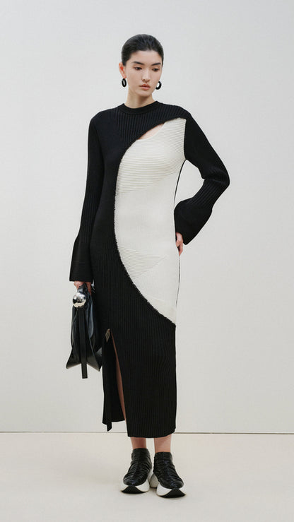 ZHUCHONGYUN Color Blocking Design Long Skirt Knitted Dress-STAN.