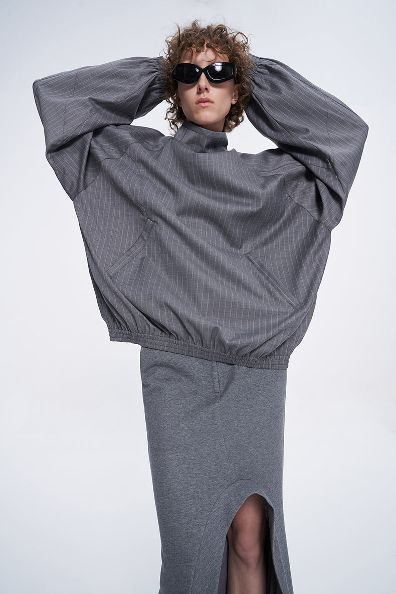 ANNAKIKI Gray Wool Casual Loose Pullover Stand Collar Top-EIKO
