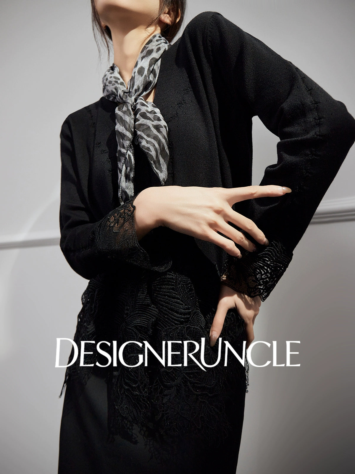 DGU Black Suit V-Neck Lace Patchwork Dress Knitted Top Two-Piece Set - FIRE.