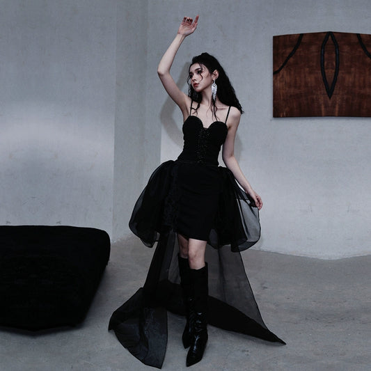 DOLLY Elegant Retro Black V-Neck Sleeveless High Waist Ribbon Cocktail Dress-BAMBI (V)