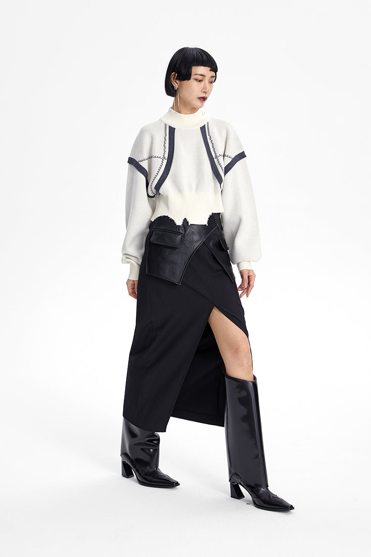 TINY IN large slit leather panel long black high-waisted skirt - DON