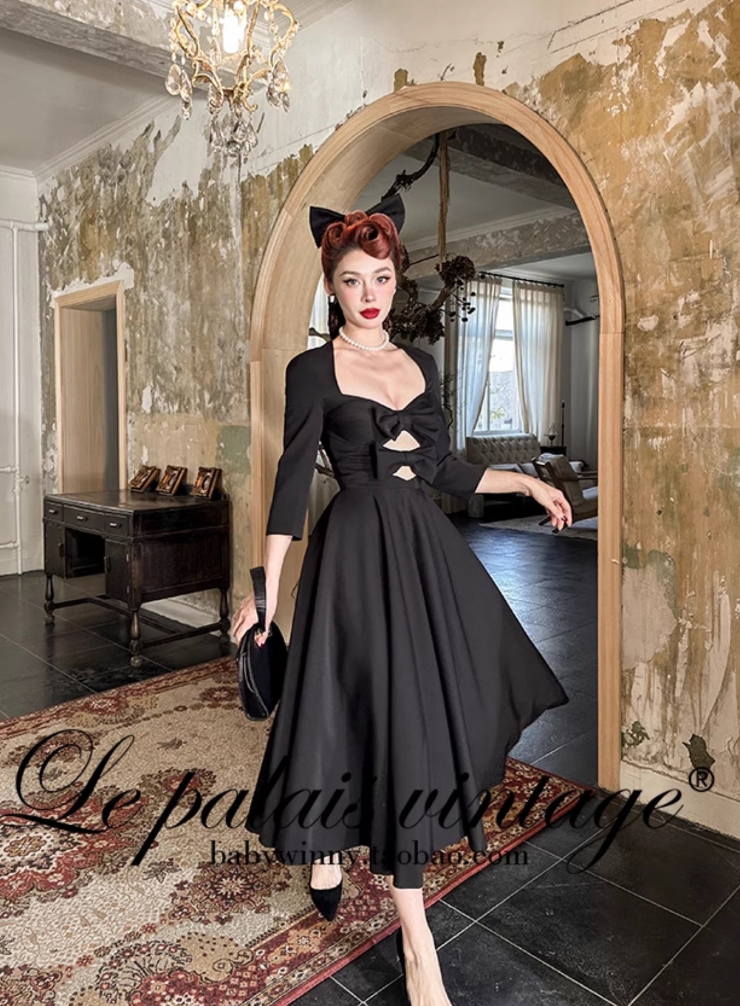 Le Palais Vintage Elegant Retro Long Sleeves Plain Mid Skirt Black  Long Cocktail Hem Dress-Aurora