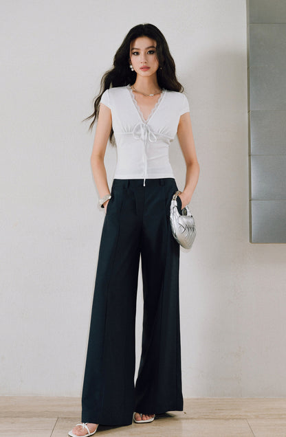 WANGXO | Sparkling Silk High-Density Knit Hand-Shaped Lace Detail V-Neck Slim Fit Top -NOYA