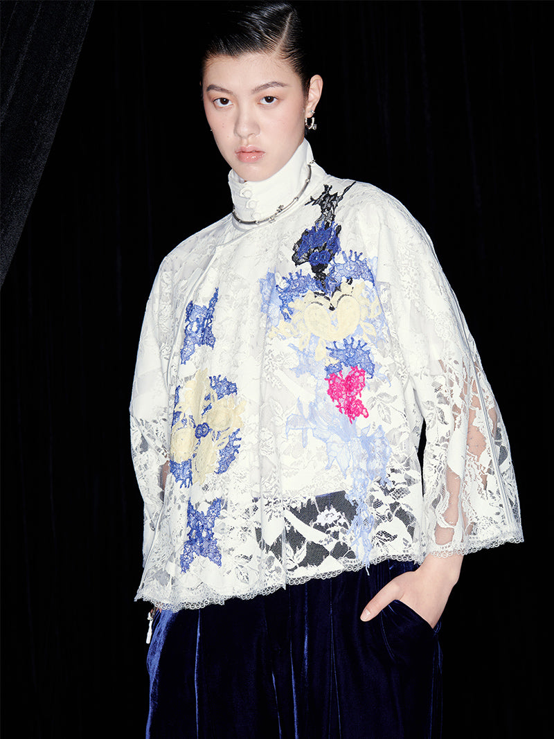 M essential Mackay designer White Lace atelier layered lace inlay top blue velvet pant- olay.