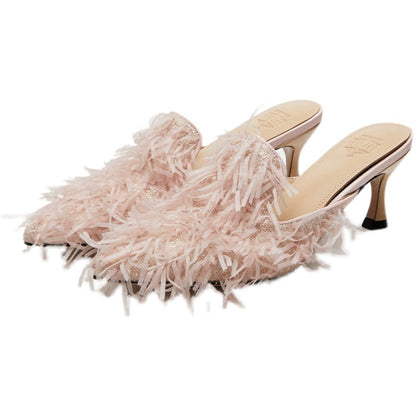 B-FEI fringed sandals slippers mules kitten heels-MUMT.