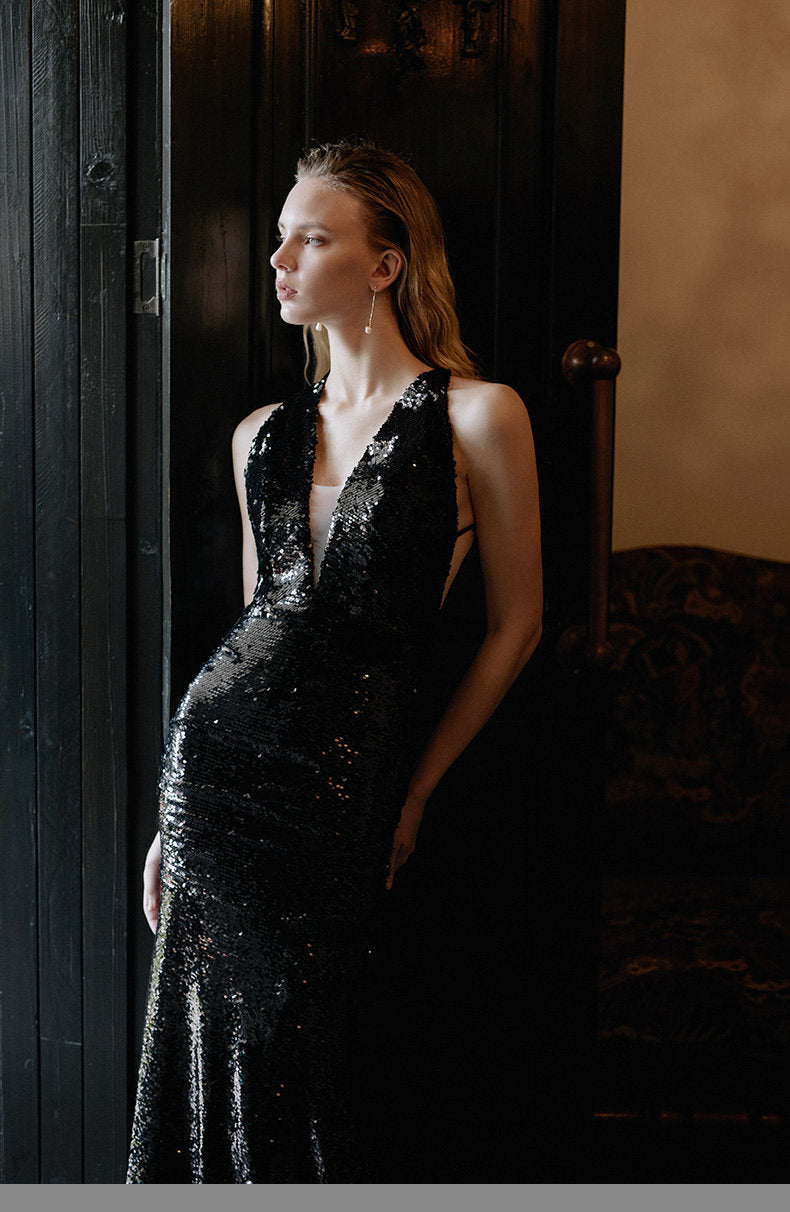 GOUDIN light luxury black long sequin evening dress-MIA.