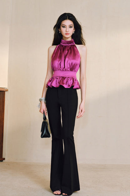 WANGXO Acetate Satin Silky Smooth Collar Cut-Out Aesthetics Shirred Waist Umbrella Top - VIOLA