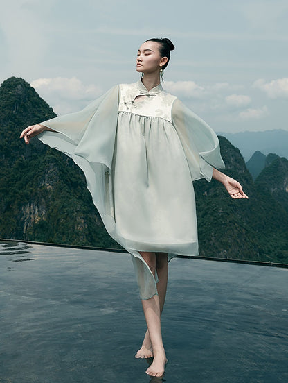 HECO [Feng Wu Clear Sleeves] New Chinese Standing Collar Buckle Flowing Dress- CLOAK.