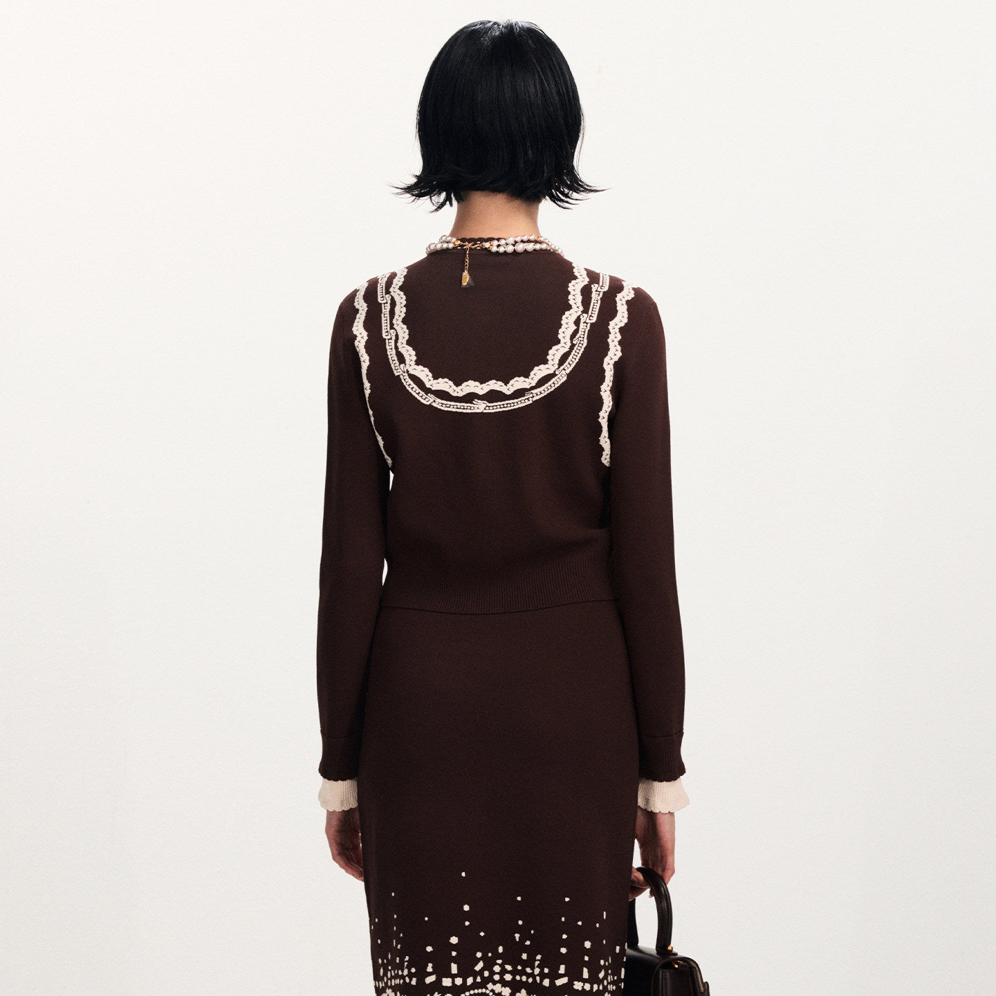 FAME  Nail Bead White Three-Dimensional Jacquard Knitted Brown Cardigan - BETTY.