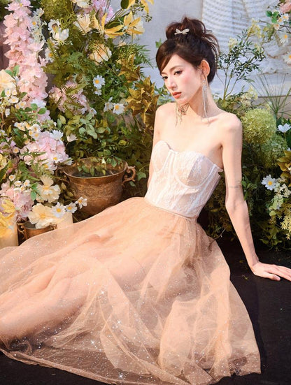 DOLLY Elegant Fake Two Piece Sleeveless Tube Top Sequin Long Dress-POLA