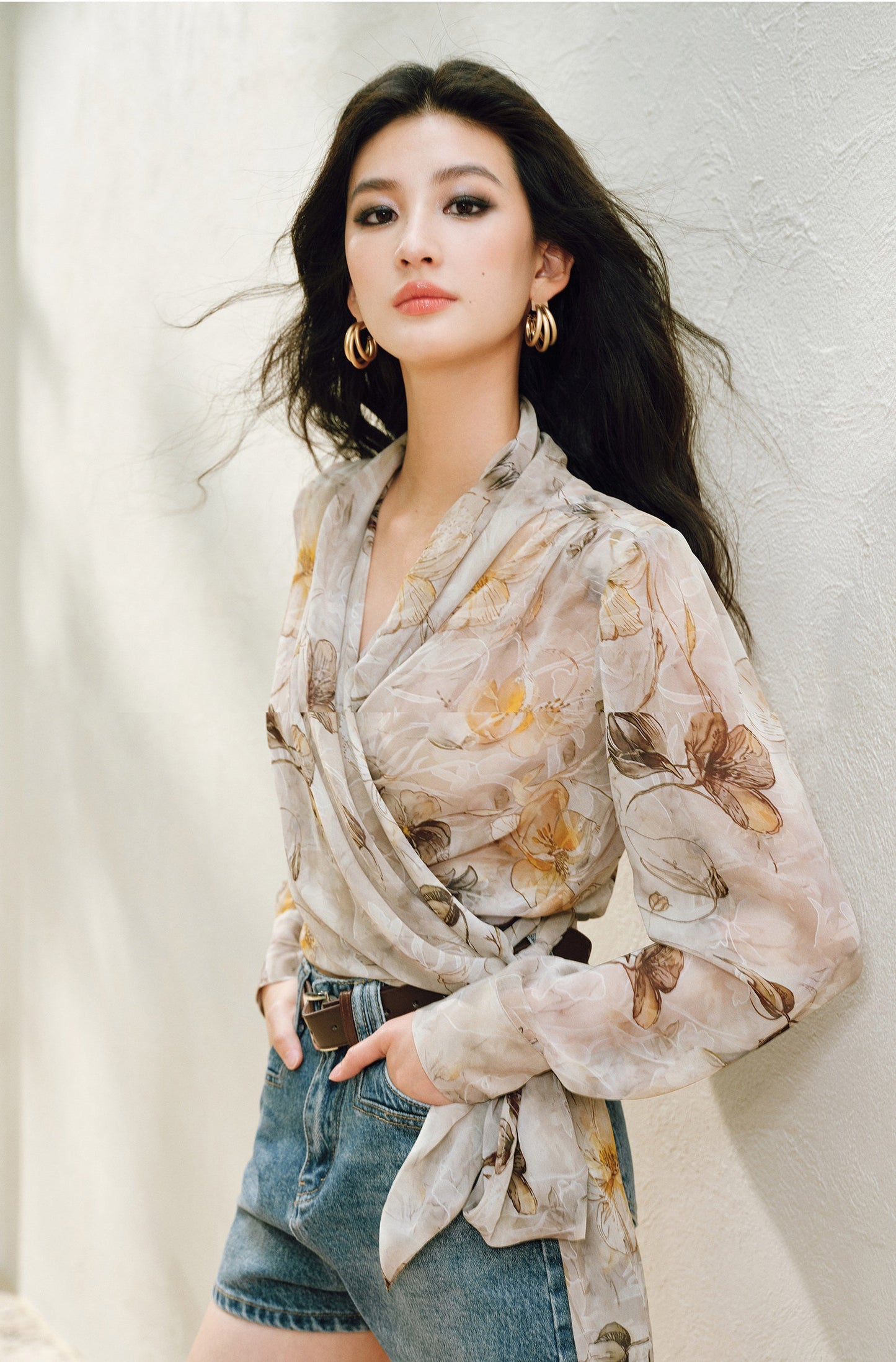 WANGXO | Silky Drape Smooth Georgette Vine-Inspired Geometric Print Entwined Twisted Shirt  -LYRA