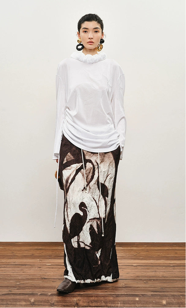 ZHUCHONGYUN Autumn Stork Leaf Slit Drawstring Skirt--YATO.