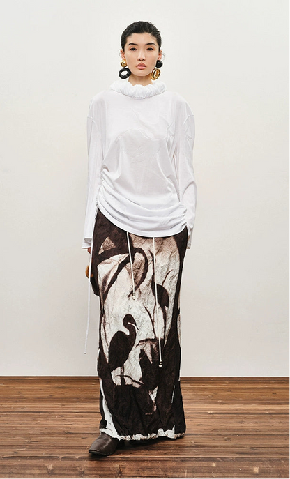 ZHUCHONGYUN Autumn Stork Leaf Slit Drawstring Skirt--YATO.