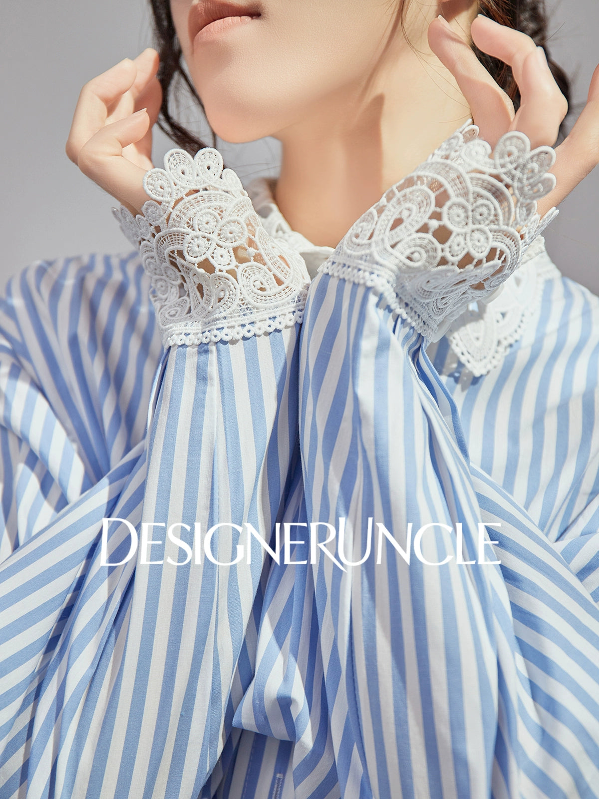 DGU|Blue Striped New Lace Stitching French Elegant Design Top - DREW.