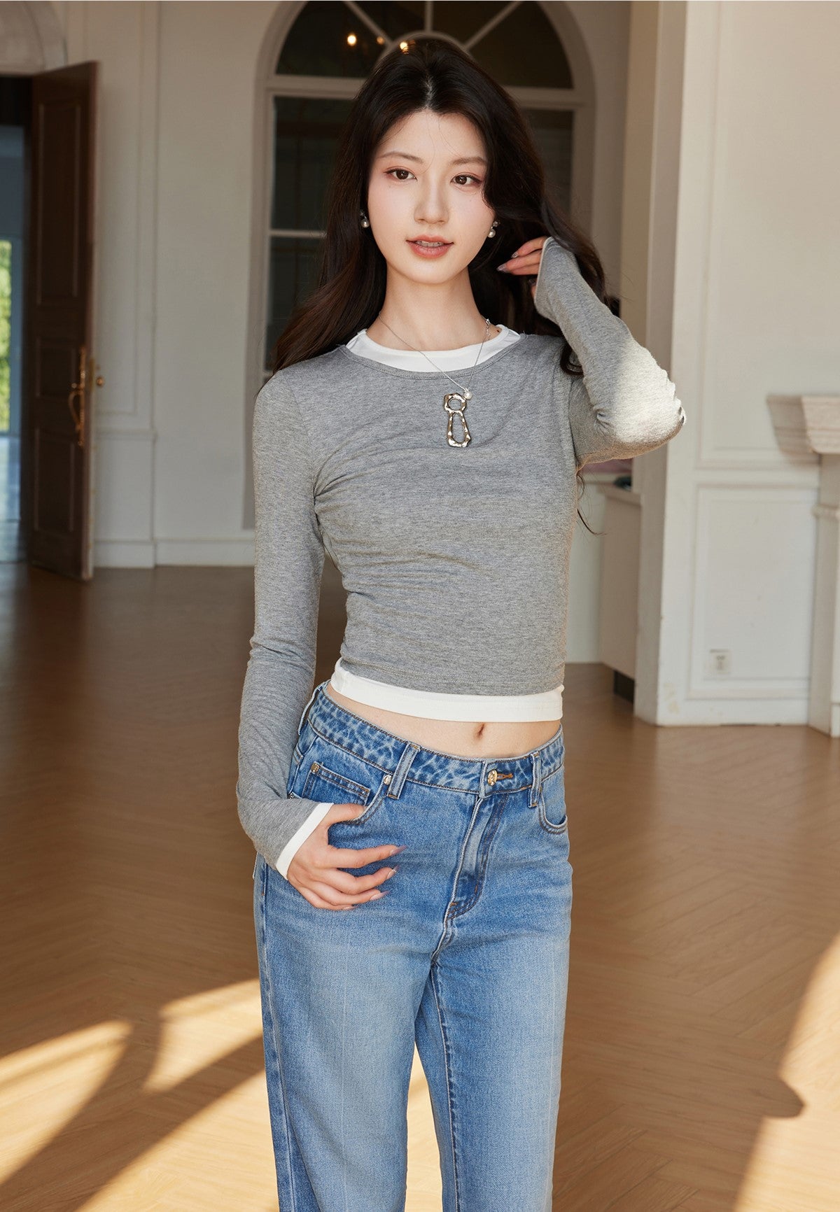 YES BY YESIR round neck slim long-sleeved top - KNIGHTS.