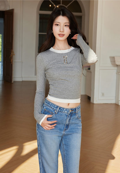 YES BY YESIR round neck slim long-sleeved top - KNIGHTS.