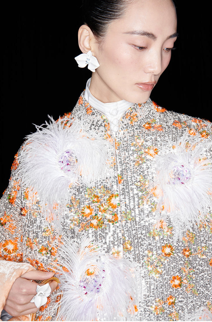 M essential Mackay designer vermilion embroidered fabric iris ostrich feather beaded jacket  FEA.