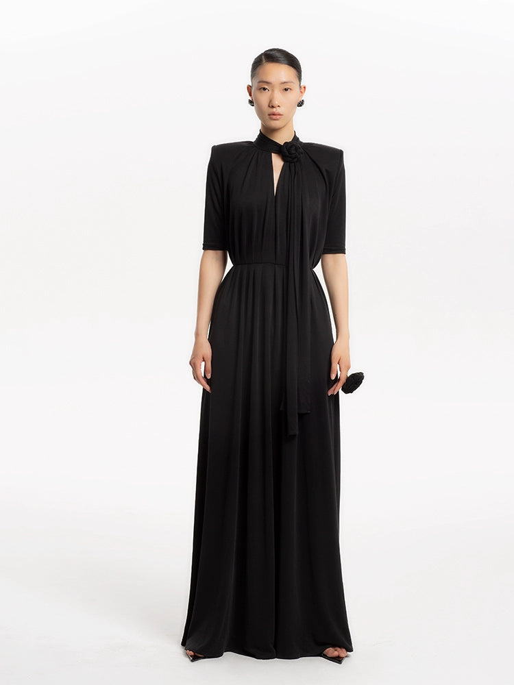 High-end elegant Summer French Pleated flowy maxi long wedding Knit Dress - KCae M / Black High-end elegant Summer French Pleated flowy maxi long wedding Knit Dress - KCae M / Black